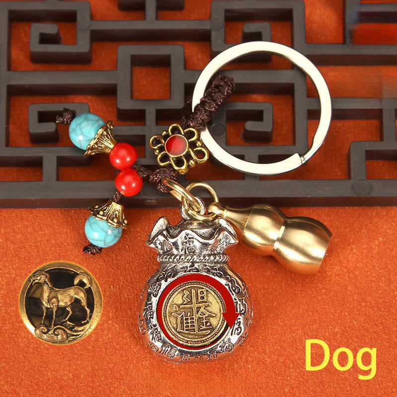 Buddha Stones Chinesischer Tierkreiszeichen-Schlüsselanhänger mit drehbarem Glücksbeutel und geflochtenem Muster - Hund - image 17