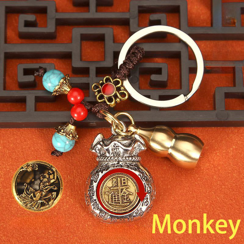 Buddha Stones Chinesischer Tierkreiszeichen-Schlüsselanhänger mit drehbarem Glücksbeutel und geflochtenem Muster - Affe - image 15