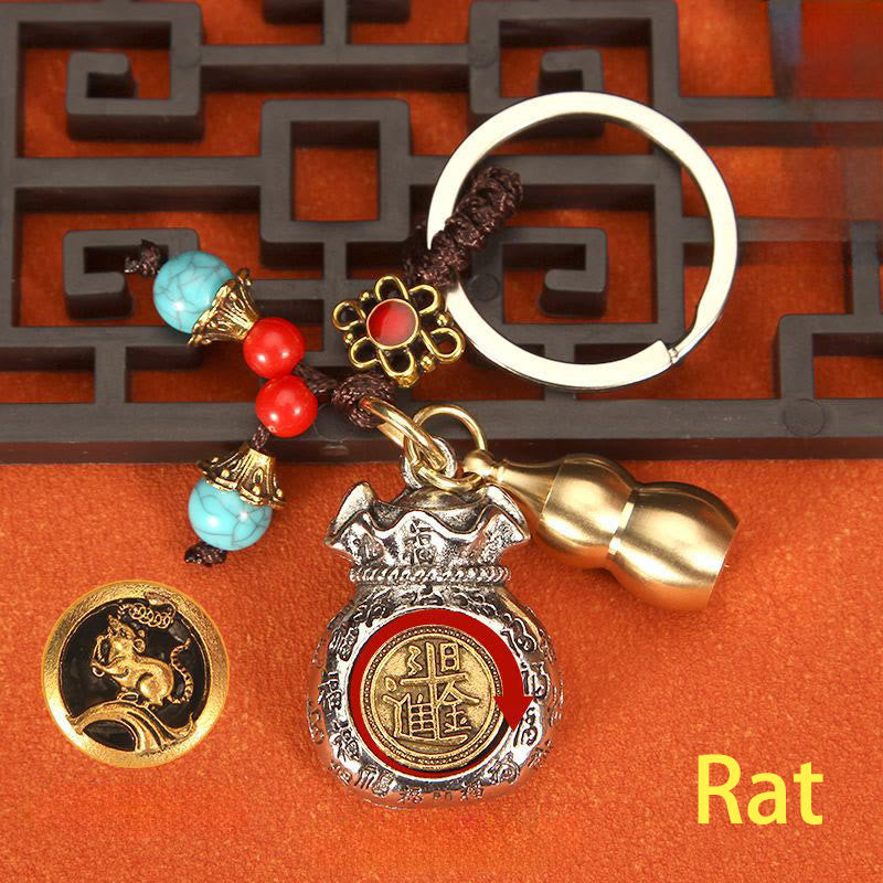 Buddha Stones Chinesischer Tierkreiszeichen-Schlüsselanhänger mit drehbarem Glücksbeutel und geflochtenem Muster - Ratte - image 0