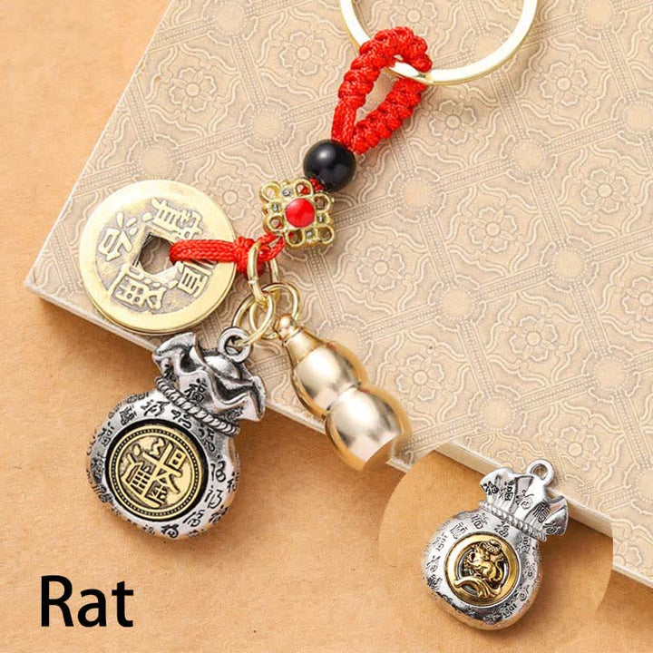 Buddha Stones Geflochtener roter Schlüsselanhänger mit chinesischen Tierkreiszeichen, Fünf-Kaiser-Münzen zum Schutz - Ratte - image 1