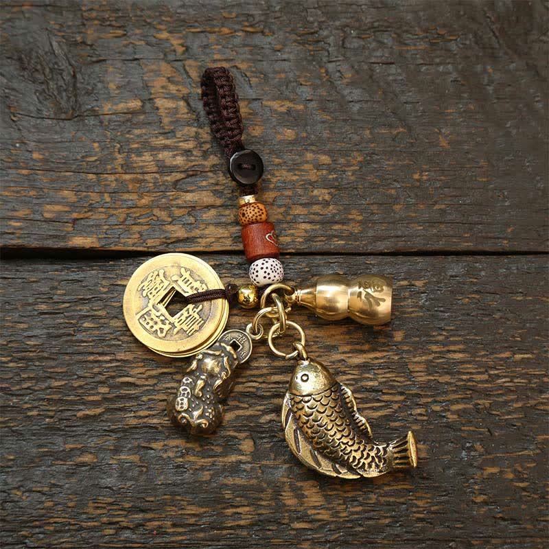 Buddha Stones Schlüsselanhänger aus Messing, verziert mit Koi-Karpfen, fünf Kaisermünzen und geflochtenem Reichtumsmotiv - Münzen Pi Xiu Kürbis - image 0