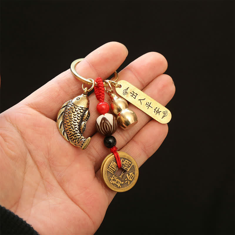Buddha Stones Schlüsselanhänger aus Messing, verziert mit Koi-Karpfen, fünf Kaisermünzen und geflochtenem Reichtumsmotiv - image 12