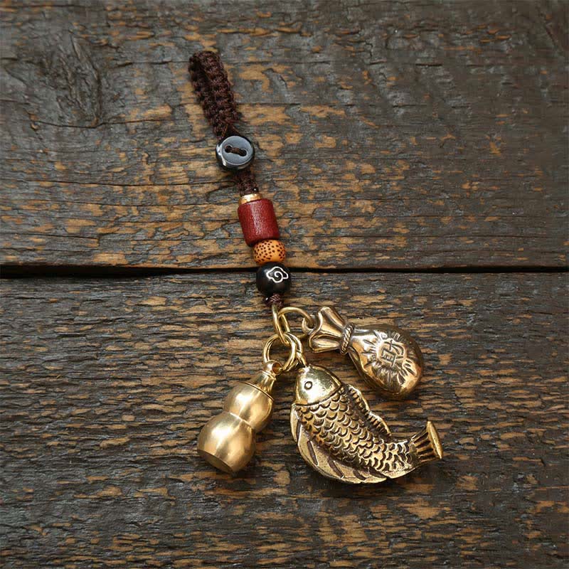 Buddha Stones Schlüsselanhänger aus Messing, verziert mit Koi-Karpfen, fünf Kaisermünzen und geflochtenem Reichtumsmotiv - Geldsack-Kürbis - image 13
