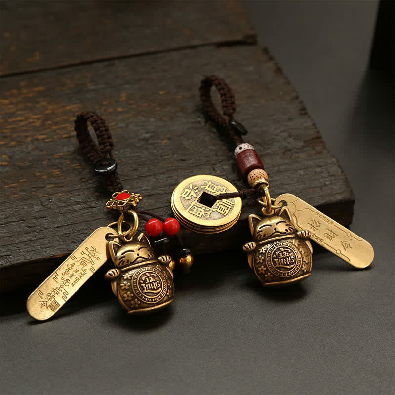 Buddha Stones Schlüsselanhänger mit Glückskatze aus Messing, chinesischer Reichtumsmünze - image 12