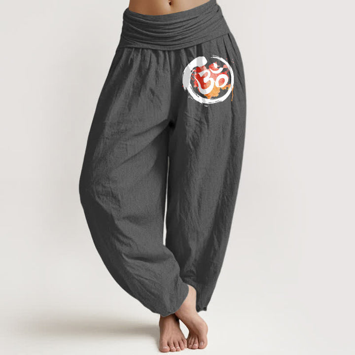 Buddha Stones Damen-Haremshose aus reiner Baumwolle mit schwarzem Kreis- und rotem Symbolmuster und elastischem Bund - DimGray - US16, UK/AU20, EU48 (3XL) - image 11