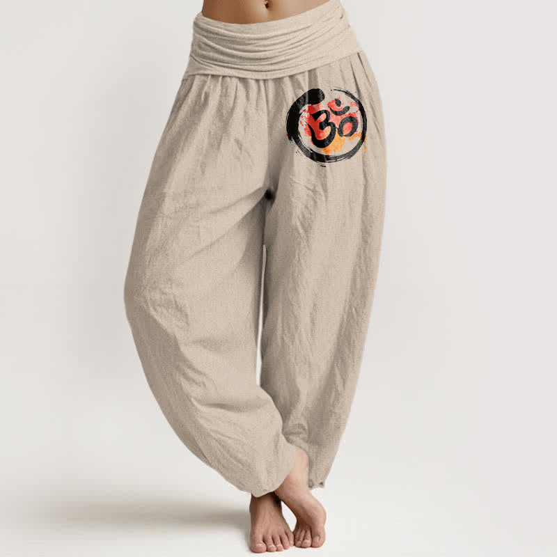 Buddha Stones Damen-Haremshose aus reiner Baumwolle mit schwarzem Kreis- und rotem Symbolmuster und elastischem Bund - Bräunen - US16, UK/AU20, EU48 (3XL) - image 0