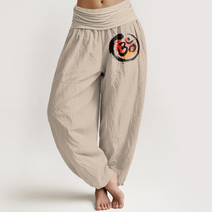 Buddha Stones Damen-Haremshose aus reiner Baumwolle mit schwarzem Kreis- und rotem Symbolmuster und elastischem Bund - Bräunen - US16, UK/AU20, EU48 (3XL) - image 0