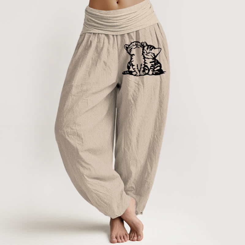 Buddha Stones Damen-Haremshose aus reiner Baumwolle mit weißem Katzenmuster und elastischem Bund - Bräunen - US16, UK/AU20, EU48 (3XL) - image 14