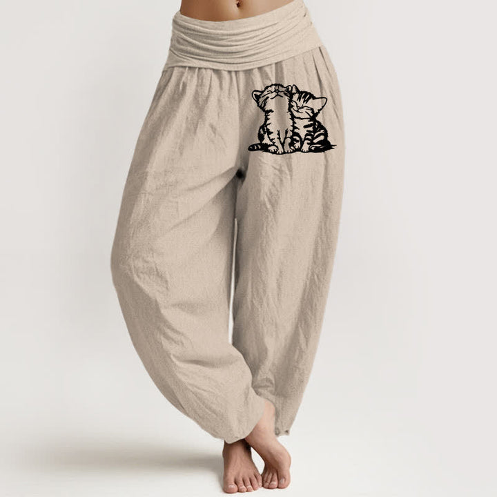 Buddha Stones Damen-Haremshose aus reiner Baumwolle mit weißem Katzenmuster und elastischem Bund - Bräunen - US16, UK/AU20, EU48 (3XL) - image 14