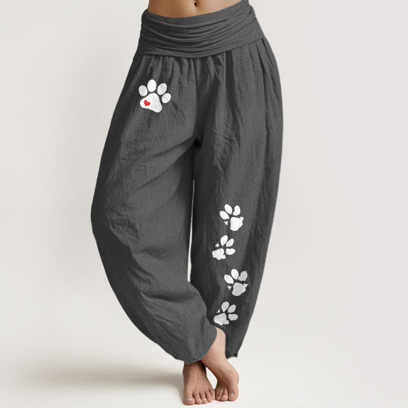 Buddha Stones Damen-Haremshose aus reiner Baumwolle mit weißem Pfotenabdruckmuster und elastischem Bund - DimGray - US16, UK/AU20, EU48 (3XL) - image 5