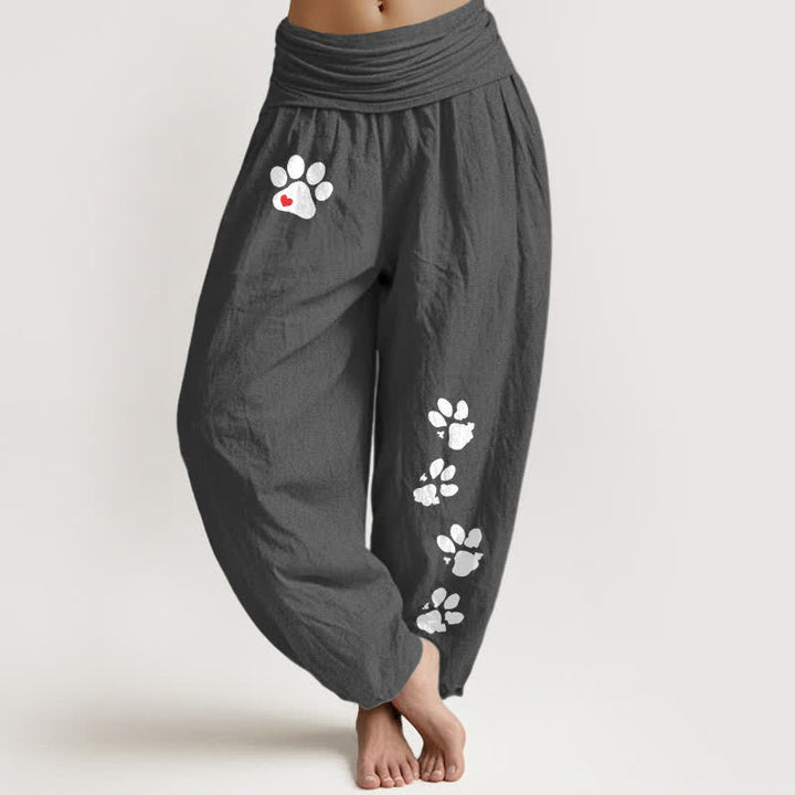 Buddha Stones Damen-Haremshose aus reiner Baumwolle mit weißem Pfotenabdruckmuster und elastischem Bund - DimGray - US16, UK/AU20, EU48 (3XL) - image 5