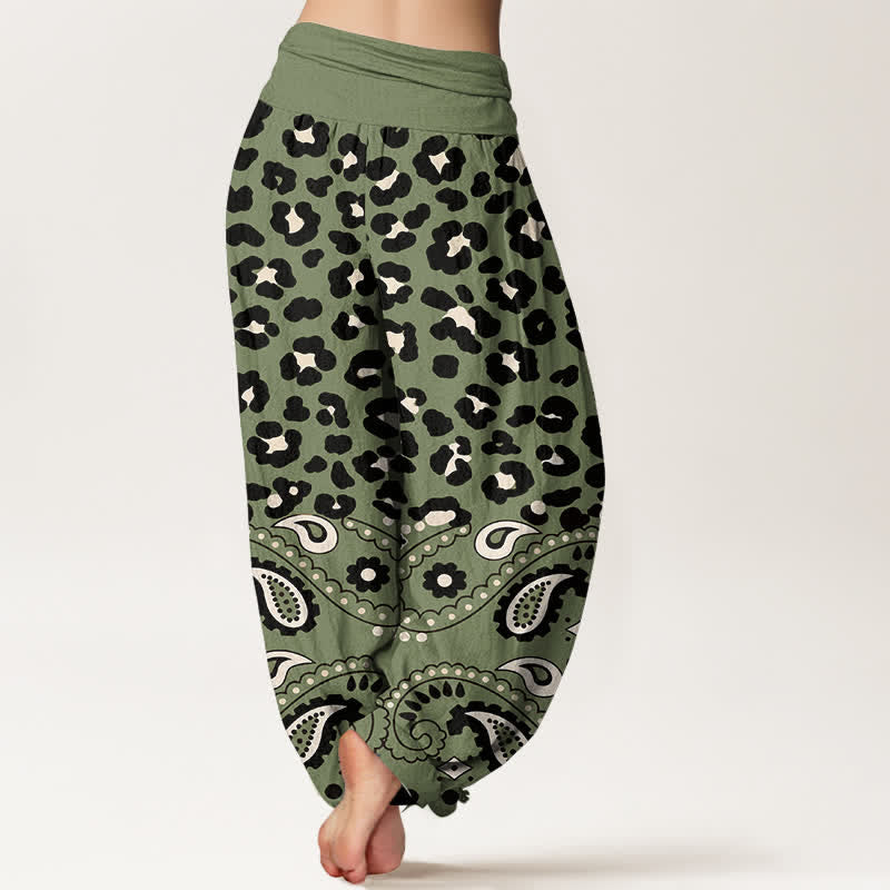 Buddha Stones Damen-Haremshose aus Baumwolle mit olivgrünem Leoparden-Paisley-Muster und elastischem Bund - image 2