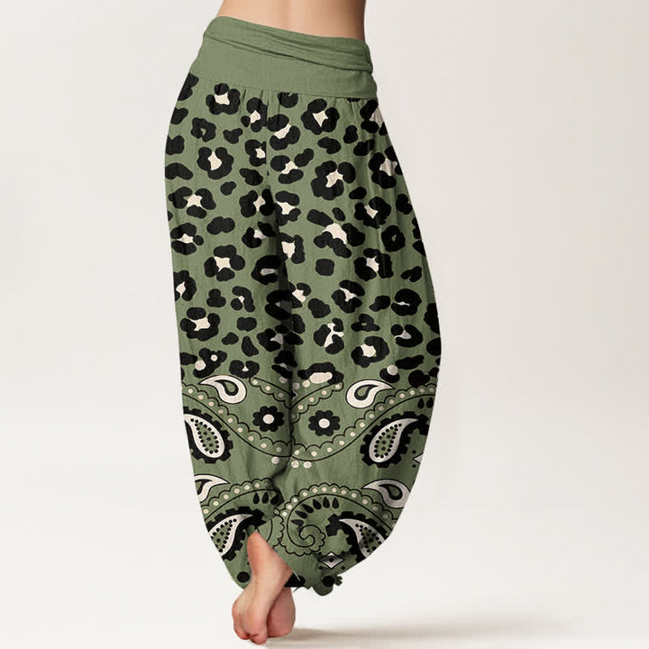 Buddha Stones Damen-Haremshose aus Baumwolle mit olivgrünem Leoparden-Paisley-Muster und elastischem Bund - image 2