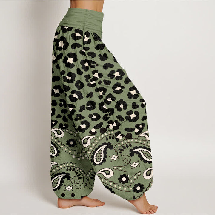 Buddha Stones Damen-Haremshose aus Baumwolle mit olivgrünem Leoparden-Paisley-Muster und elastischem Bund - image 1