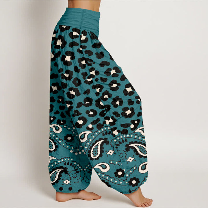 Buddha Stones Damen-Haremshose aus Baumwolle mit olivgrünem Leoparden-Paisley-Muster und elastischem Bund - image 6