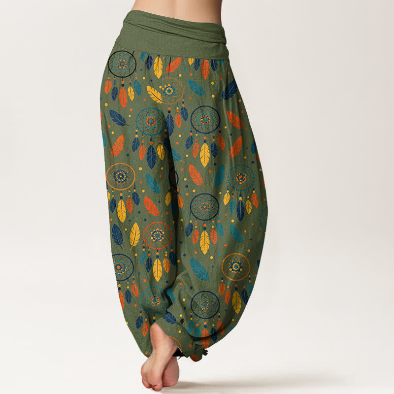 Buddha Stones Baumwoll-Haremshose mit Traumfänger-Federmuster und elastischem Bund für Damen - image 7