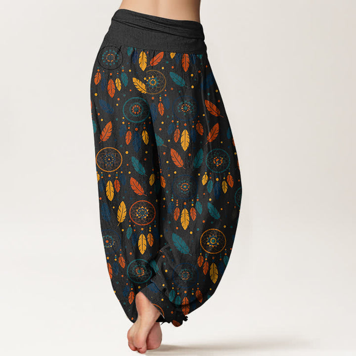 Buddha Stones Baumwoll-Haremshose mit Traumfänger-Federmuster und elastischem Bund für Damen - image 10