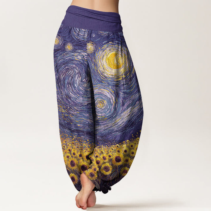 Buddha Stones Baumwoll-Haremshose mit Sonnenblumenmuster und elastischem Bund für Damen - image 10
