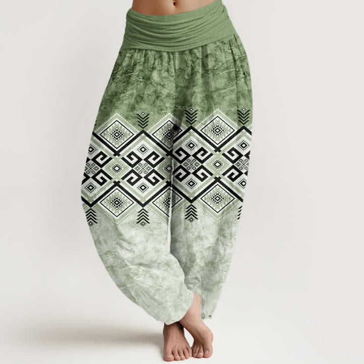 Buddha Stones Baumwoll-Haremshose mit geometrischem Ethno-Muster und elastischem Bund für Damen - Olivgrün - US16, UK/AU20, EU48 (3XL) - image 0
