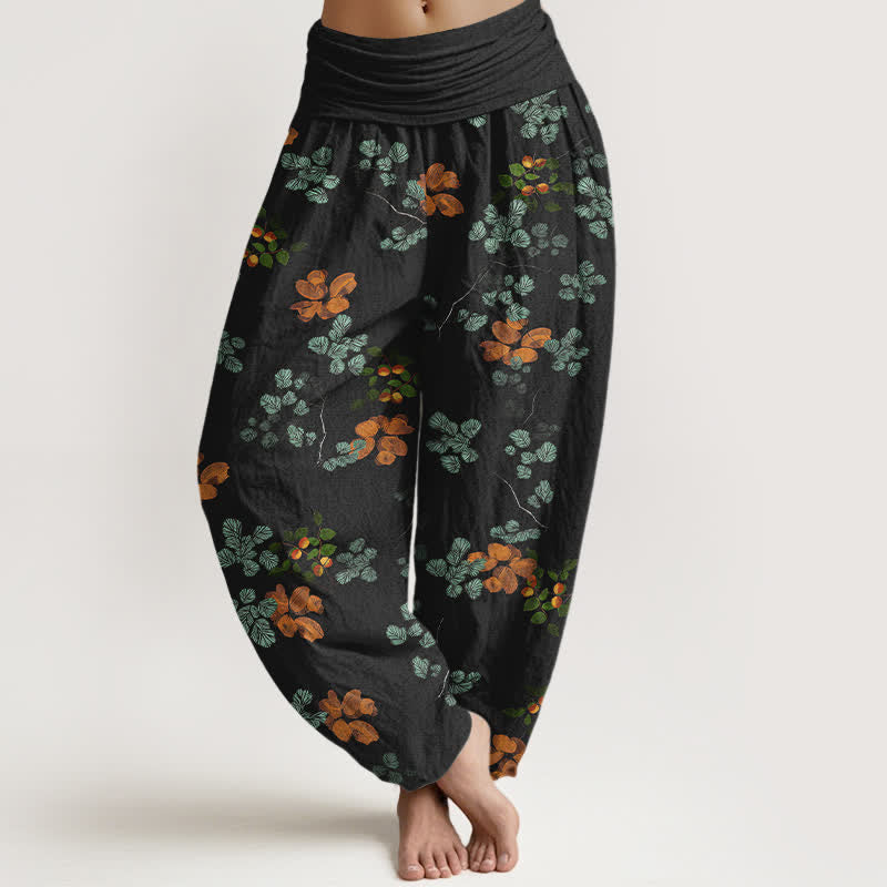 Buddha Stones Baumwoll-Haremshose mit Orangenblüten- und Minzblattmuster, elastischer Bund, Damen - Schwarz - US16, UK/AU20, EU48 (3XL) - image 0