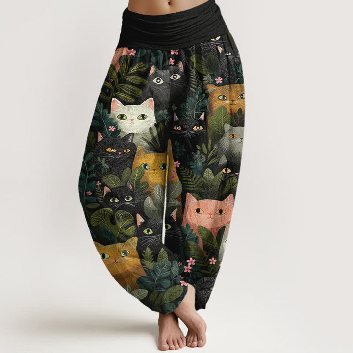 Buddha Stones Baumwoll-Haremshose mit Cartoon-Katzen- und Blättermuster, elastischer Bund, Damen - Schwarz - US16, UK/AU20, EU48 (3XL) - image 0