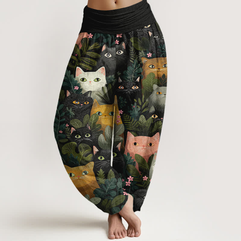 Buddha Stones Baumwoll-Haremshose mit Cartoon-Katzen- und Blättermuster, elastischer Bund, Damen - Schwarz - US16, UK/AU20, EU48 (3XL) - image 0