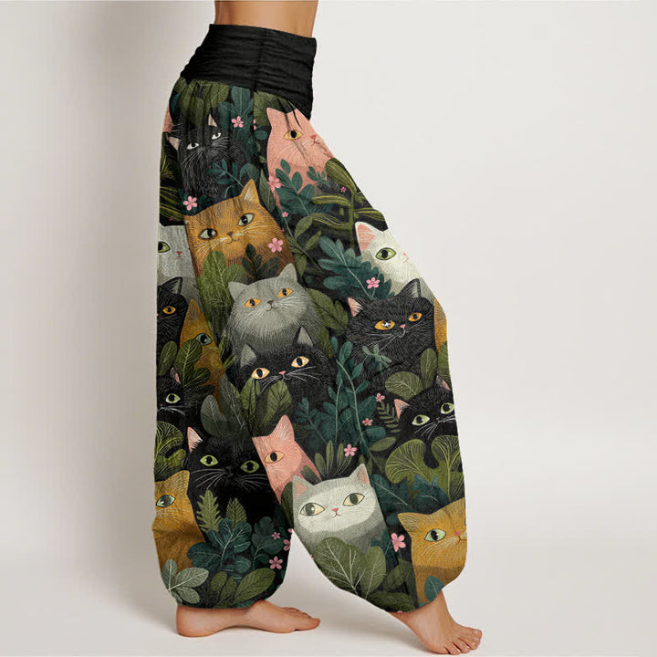 Buddha Stones Baumwoll-Haremshose mit Cartoon-Katzen- und Blättermuster, elastischer Bund, Damen - image 1
