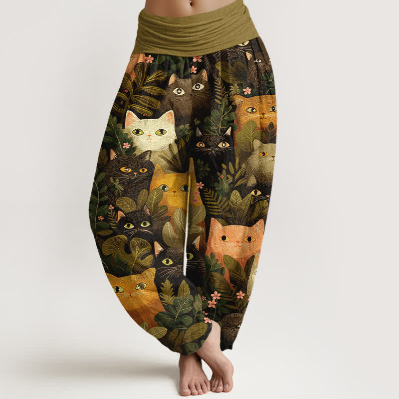 Buddha Stones Baumwoll-Haremshose mit Cartoon-Katzen- und Blättermuster, elastischer Bund, Damen - Olive - US16, UK/AU20, EU48 (3XL) - image 5
