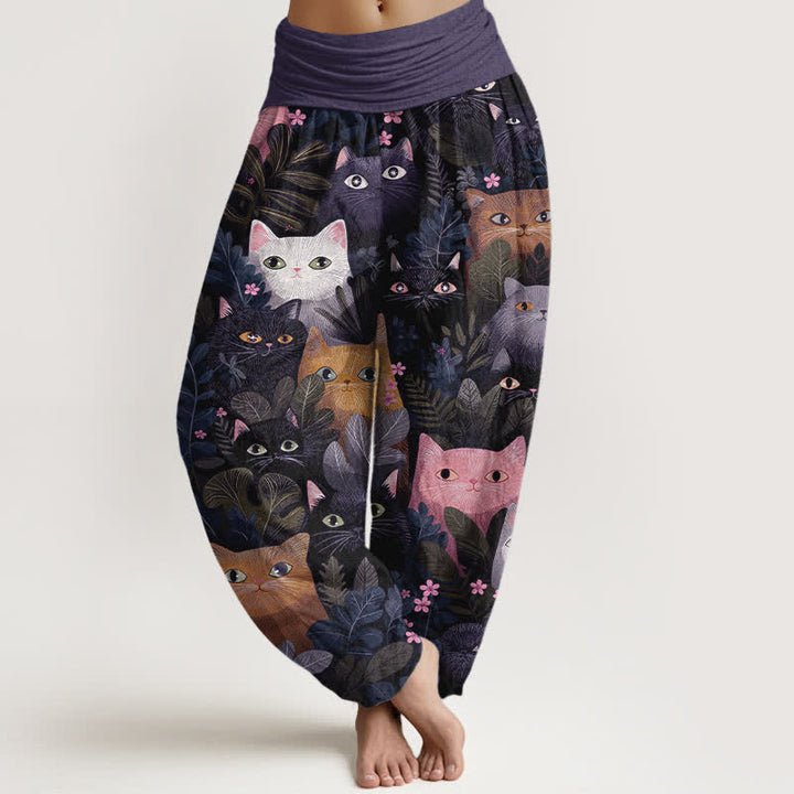 Buddha Stones Baumwoll-Haremshose mit Cartoon-Katzen- und Blättermuster, elastischer Bund, Damen - Blauviolett - US16, UK/AU20, EU48 (3XL) - image 8