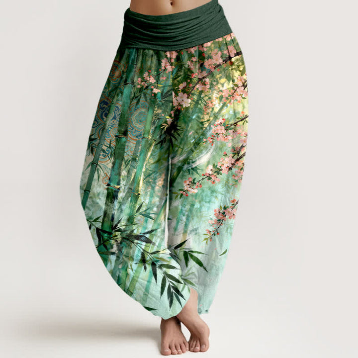 Buddha Stones Haremshose aus Baumwolle mit Bambusmuster und Kirschblütenprint, elastischem Bund, Damen - SeaGreen - US16, UK/AU20, EU48 (3XL) - image 0