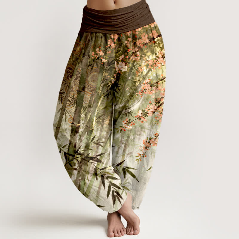 Buddha Stones Haremshose aus Baumwolle mit Bambusmuster und Kirschblütenprint, elastischem Bund, Damen - Olive - US16, UK/AU20, EU48 (3XL) - image 5