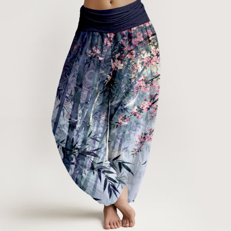 Buddha Stones Haremshose aus Baumwolle mit Bambusmuster und Kirschblütenprint, elastischem Bund, Damen - Indigo - US16, UK/AU20, EU48 (3XL) - image 8