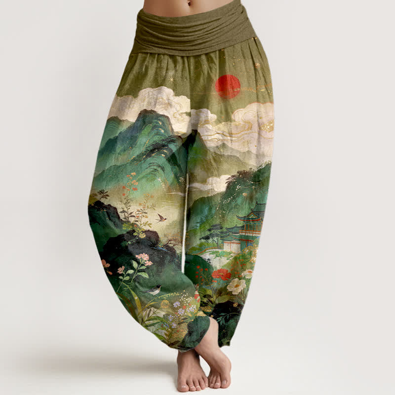Buddha Stones Damen-Haremshose mit elastischem Bund und Bergpavillon-Sonnenmuster aus Baumwolle - Olive - US16, UK/AU20, EU48 (3XL) - image 5