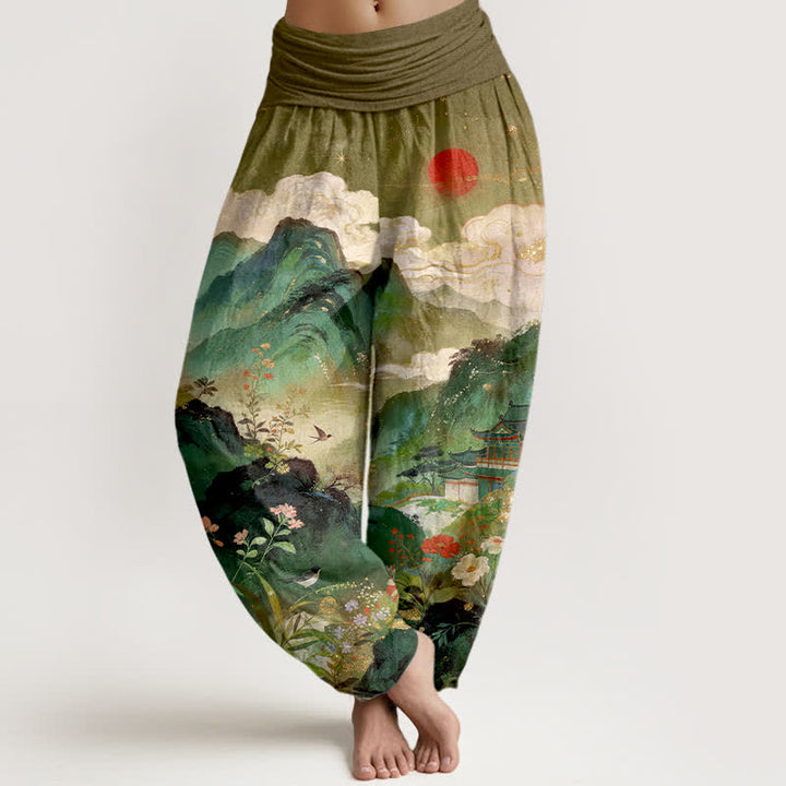 Buddha Stones Damen-Haremshose mit elastischem Bund und Bergpavillon-Sonnenmuster aus Baumwolle - Olive - US16, UK/AU20, EU48 (3XL) - image 5