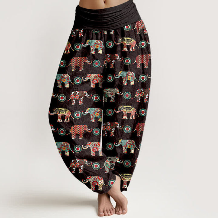 Buddha Stones Baumwoll-Haremshose mit Elefanten-Mandala-Muster und elastischem Bund für Damen - Schwarz - US16, UK/AU20, EU48 (3XL) - image 0
