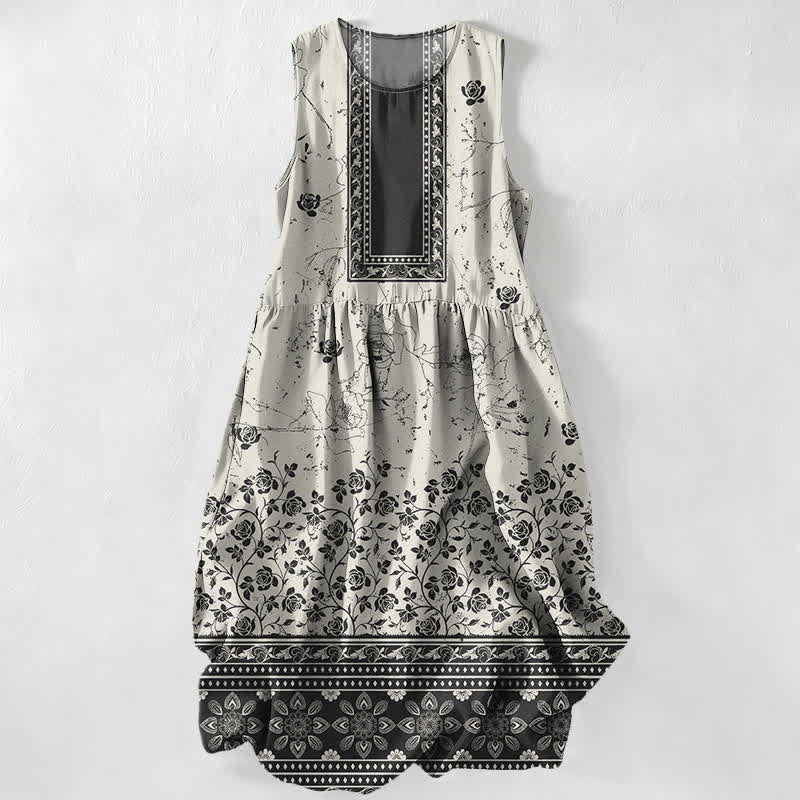 Buddha Stones Lässiges, sommerliches, ärmelloses Midikleid für Damen mit Vintage-Blumenmuster und Taschen - Elfenbein - US16, UK/AU20, EU48 (3XL) - image 0