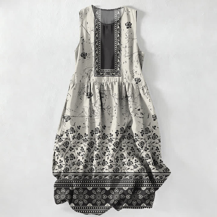 Buddha Stones Lässiges, sommerliches, ärmelloses Midikleid für Damen mit Vintage-Blumenmuster und Taschen - Elfenbein - US16, UK/AU20, EU48 (3XL) - image 0