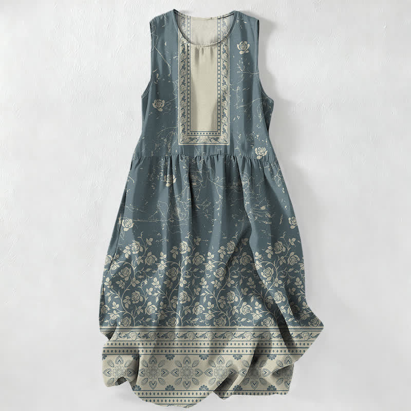 Buddha Stones Lässiges, sommerliches, ärmelloses Midikleid für Damen mit Vintage-Blumenmuster und Taschen - Kadettenblau - US16, UK/AU20, EU48 (3XL) - image 4