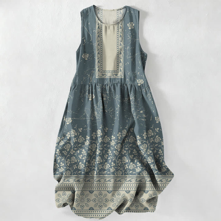 Buddha Stones Lässiges, sommerliches, ärmelloses Midikleid für Damen mit Vintage-Blumenmuster und Taschen - Kadettenblau - US16, UK/AU20, EU48 (3XL) - image 4
