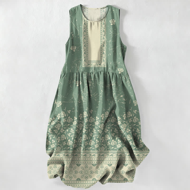 Buddha Stones Lässiges, sommerliches, ärmelloses Midikleid für Damen mit Vintage-Blumenmuster und Taschen - SeaGreen - US16, UK/AU20, EU48 (3XL) - image 5