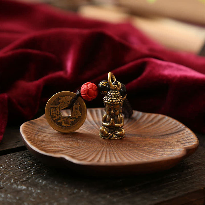 Buddha Stones Schlüsselanhänger aus Messing mit Buddha-Motiv, fünf Kaisermünzen und geflochtener Kordel (Symbol des Mitgefühls) - image 11