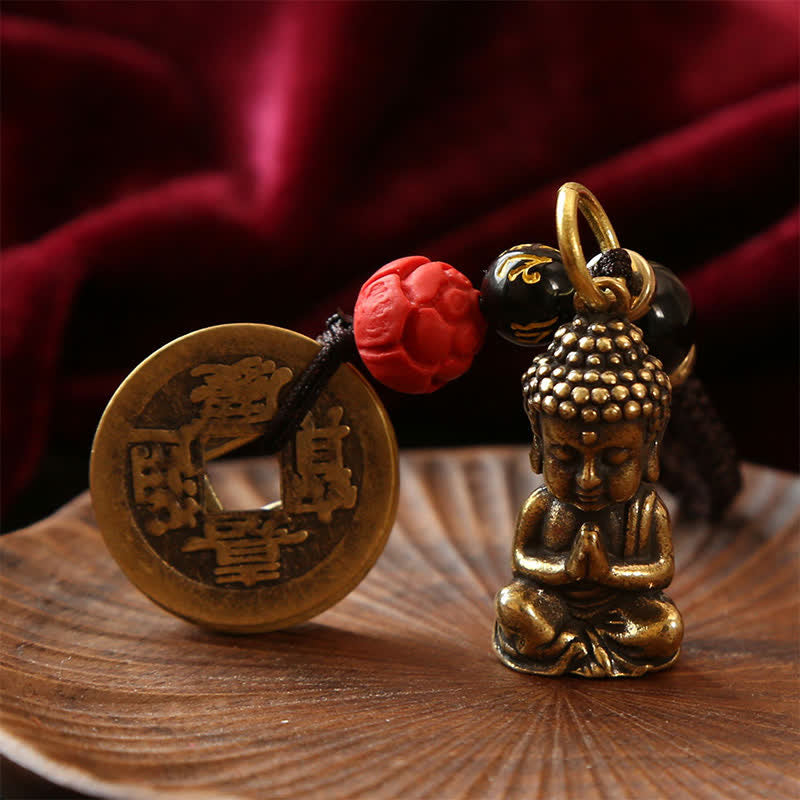 Buddha Stones Schlüsselanhänger aus Messing mit Buddha-Motiv, fünf Kaisermünzen und geflochtener Kordel (Symbol des Mitgefühls) - image 12