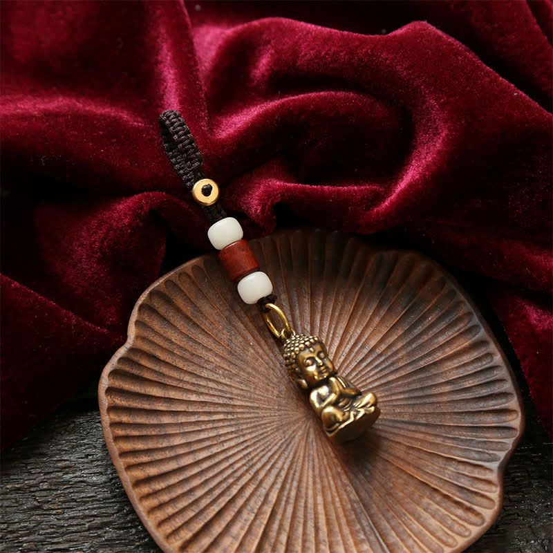 Buddha Stones Schlüsselanhänger aus Messing mit Buddha-Motiv, fünf Kaisermünzen und geflochtener Kordel (Symbol des Mitgefühls) - image 3