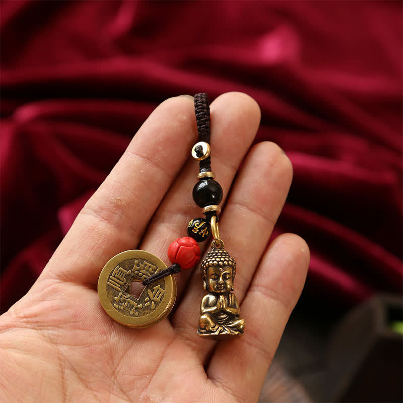 Buddha Stones Schlüsselanhänger aus Messing mit Buddha-Motiv, fünf Kaisermünzen und geflochtener Kordel (Symbol des Mitgefühls) - image 15