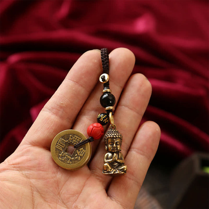 Buddha Stones Schlüsselanhänger aus Messing mit Buddha-Motiv, fünf Kaisermünzen und geflochtener Kordel (Symbol des Mitgefühls) - image 15