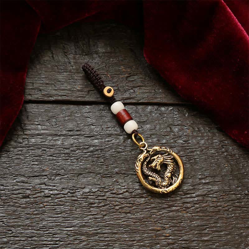 Buddha Stones Kupferner Drachen-Schlüsselanhänger, geflochten, rund - Weiße Perlenkordel - image 1