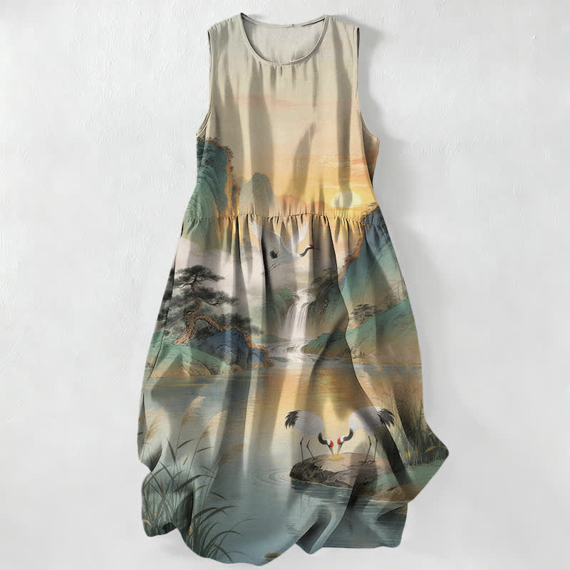 Buddha Stones Lässiges, ärmelloses Midikleid für Damen mit Kranich- und Wasserfallmuster und Taschen - Gainsboro - US16, UK/AU20, EU48 (3XL) - image 0