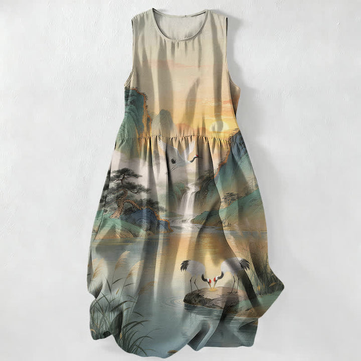 Buddha Stones Lässiges, ärmelloses Midikleid für Damen mit Kranich- und Wasserfallmuster und Taschen - Gainsboro - US16, UK/AU20, EU48 (3XL) - image 0