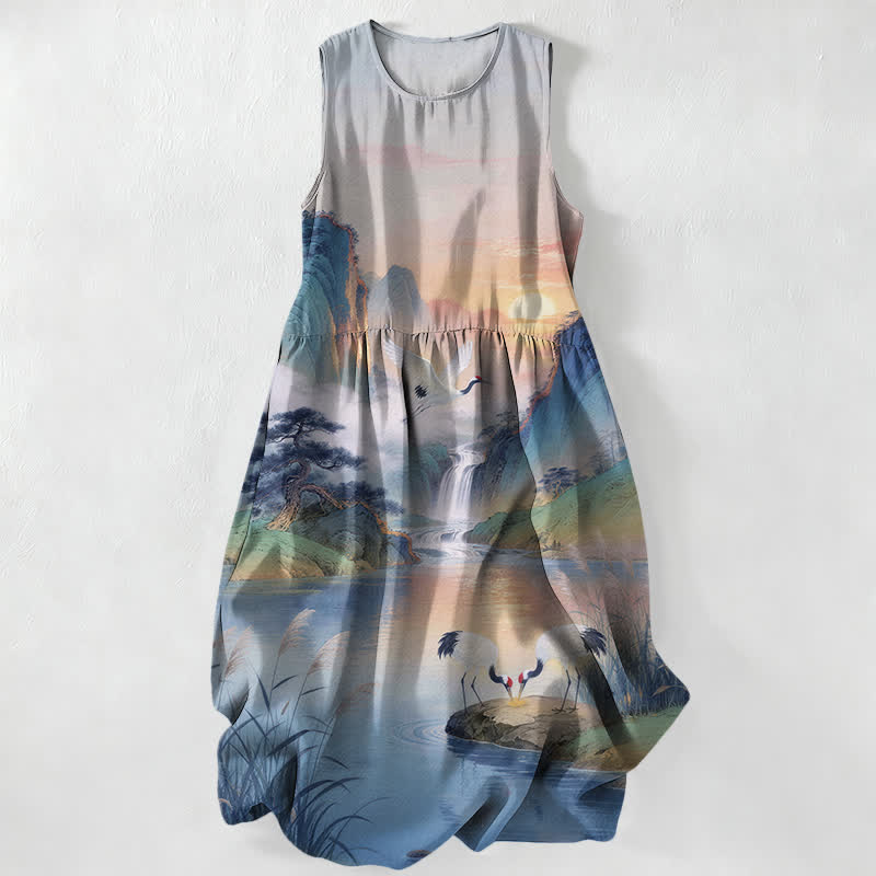 Buddha Stones Lässiges, ärmelloses Midikleid für Damen mit Kranich- und Wasserfallmuster und Taschen - Hellstahlblau - US16, UK/AU20, EU48 (3XL) - image 4