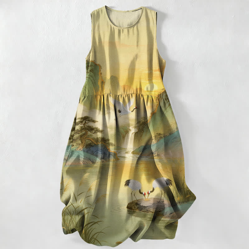Buddha Stones Lässiges, ärmelloses Midikleid für Damen mit Kranich- und Wasserfallmuster und Taschen - Khaki - US16, UK/AU20, EU48 (3XL) - image 5